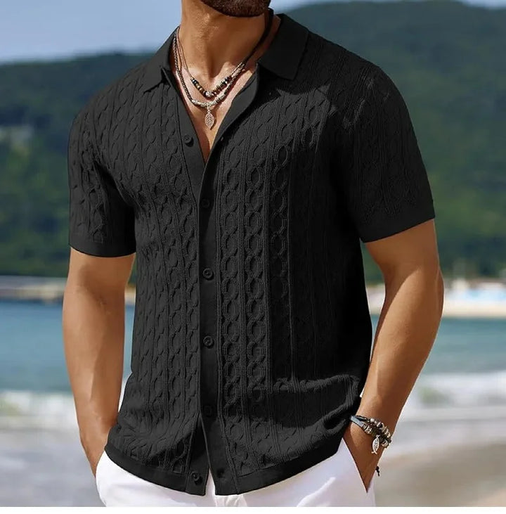 Black Men's Textured Knit Polo Shirt — Ethan Button-Down Cable Short Sleeve - Front Outdoor
