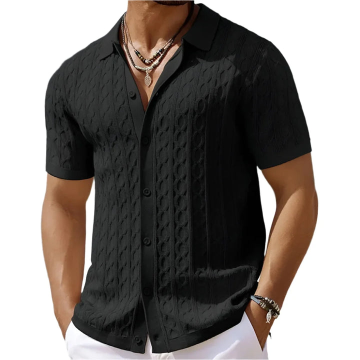 Black Men's Textured Knit Polo Shirt — Ethan Button-Down Cable Short Sleeve - Front Pose