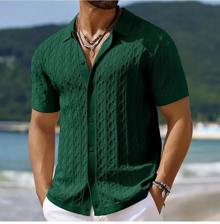Green Men's Textured Knit Polo Shirt — Ethan Button-Down Cable Short Sleeve - Front Beach