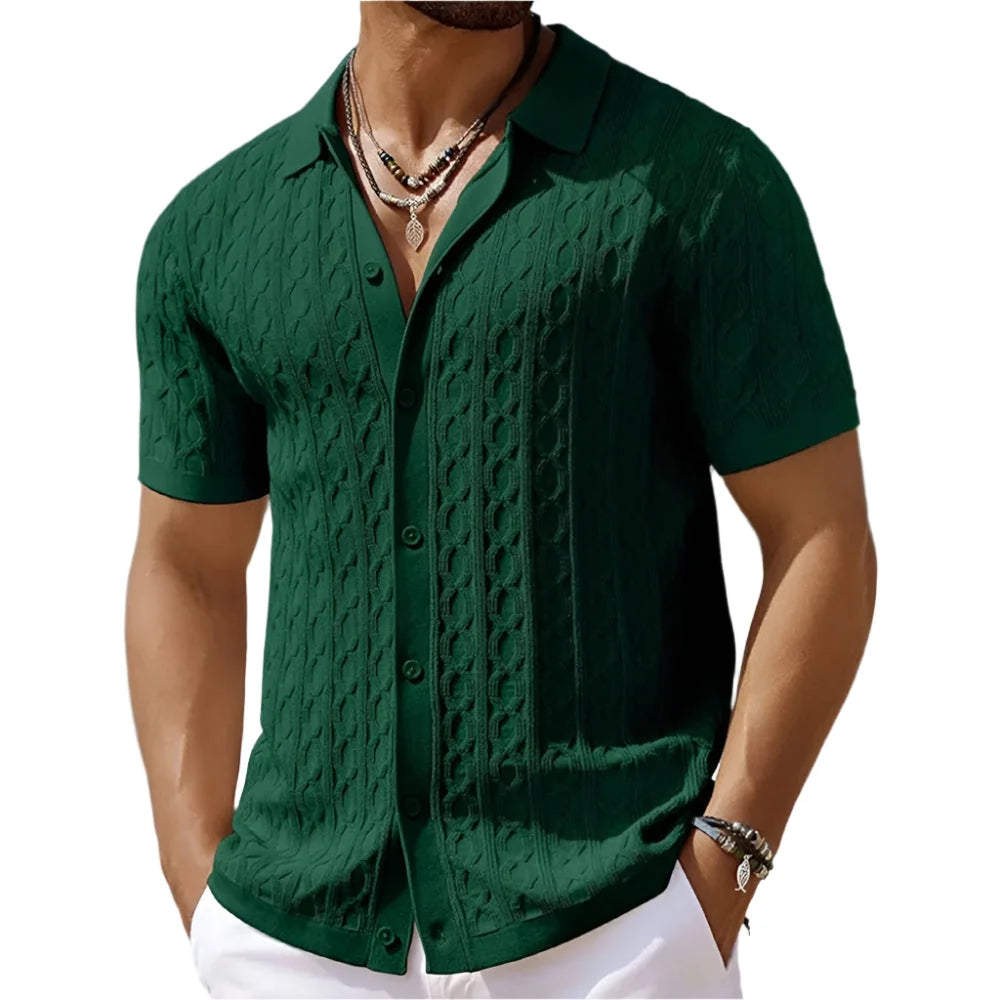Green Men's Textured Knit Polo Shirt — Ethan Button-Down Cable Short Sleeve - Front Full