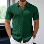 Green Men's Textured Knit Polo Shirt — Ethan Button-Down Cable Short Sleeve - Front Indoor