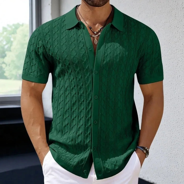 Green Men's Textured Knit Polo Shirt — Ethan Button-Down Cable Short Sleeve - Front Indoor