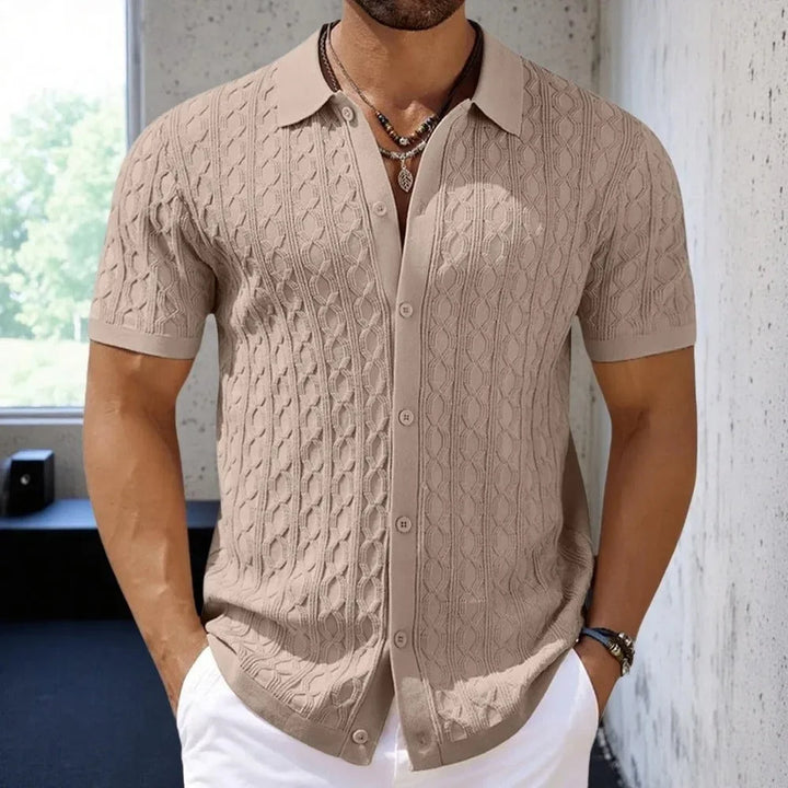 Khaki Men's Textured Knit Polo Shirt — Ethan Button-Down Cable Short Sleeve - Front Lifestyle