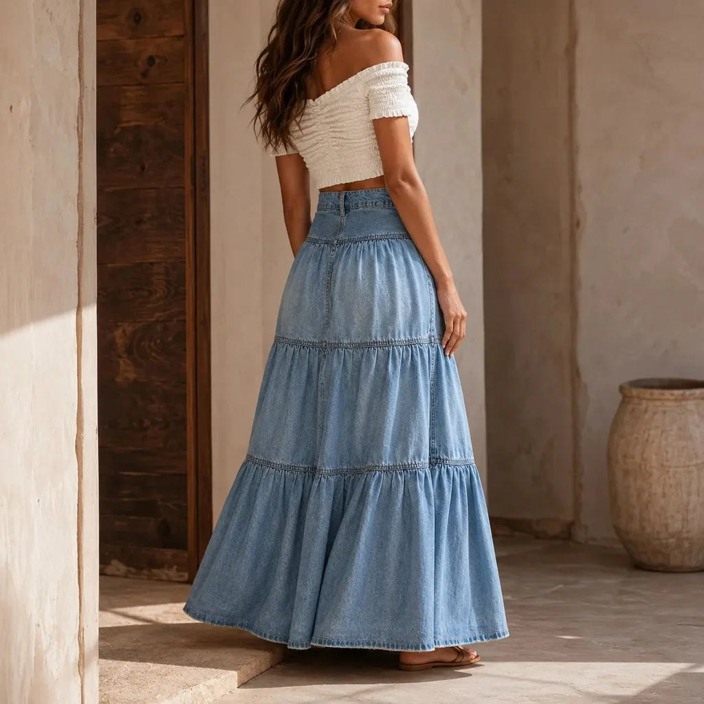 Light Blue Women's Tiered Denim Maxi Skirt — Emma Boho Button-Front High-Waisted - Back Full