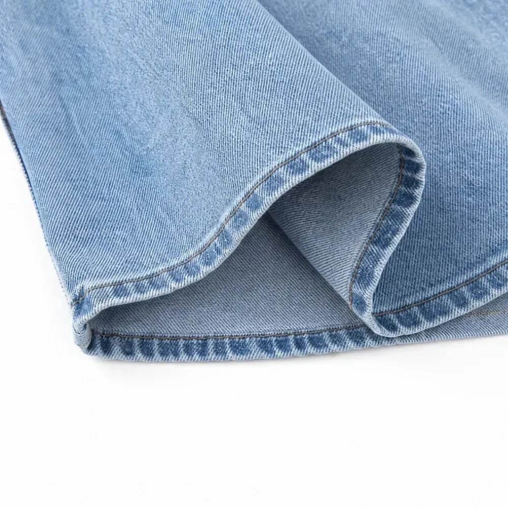 Light Blue Women's Tiered Denim Maxi Skirt — Emma Boho Button-Front High-Waisted - Fabric Fold Detail