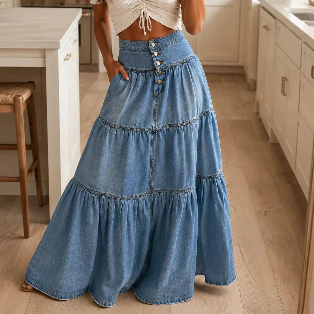 Light Blue Women's Tiered Denim Maxi Skirt — Emma Boho Button-Front High-Waisted - Front Close Waist
