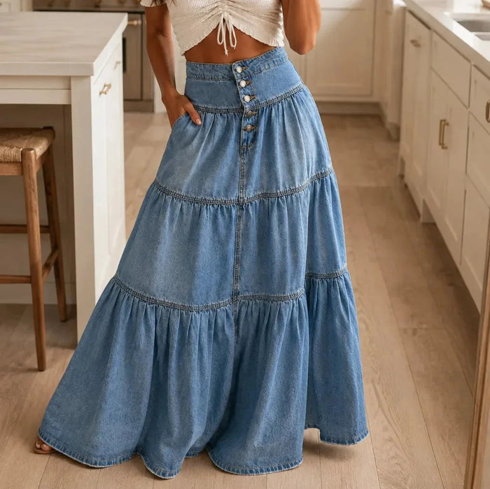 Light Blue Women's Tiered Denim Maxi Skirt — Emma Boho Button-Front High-Waisted - Front Close Waist