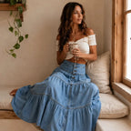 Light Blue Women's Tiered Denim Maxi Skirt — Emma Boho Button-Front High-Waisted - Seated Lifestyle