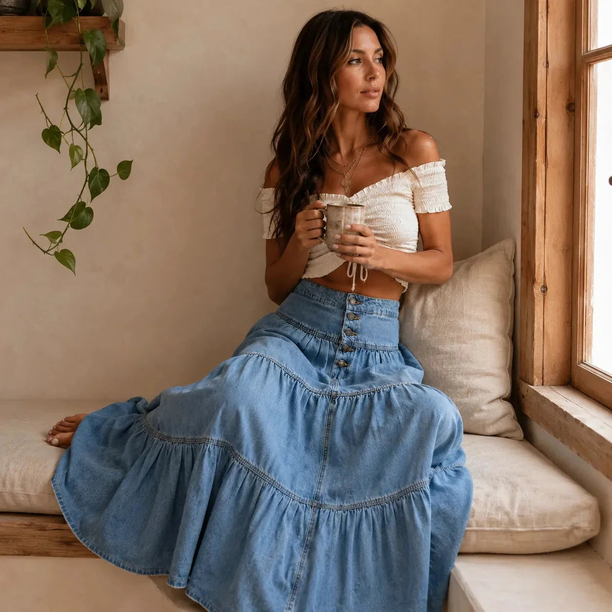 Light Blue Women's Tiered Denim Maxi Skirt — Emma Boho Button-Front High-Waisted - Seated Lifestyle