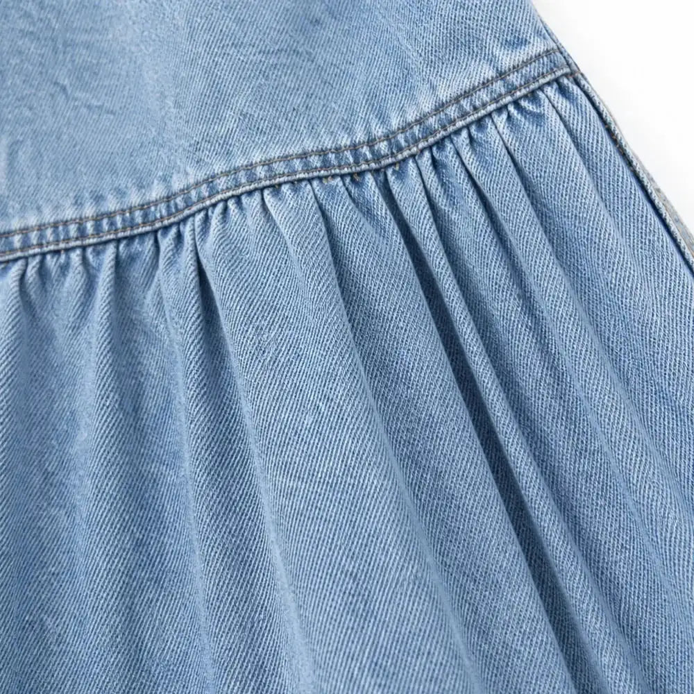 Light Blue Women's Tiered Denim Maxi Skirt — Emma Boho Button-Front High-Waisted - Tier Seam Detail