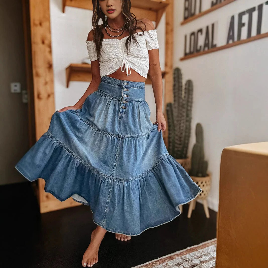 Denim Women's Denim Maxi Skirt — Ophelia Flowy Button-Front High-Waisted - Motion Twirl
