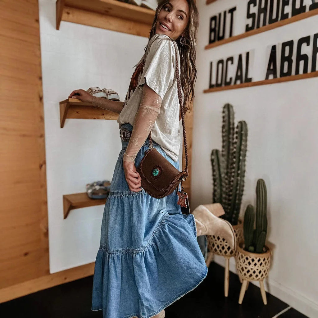 Denim Women's Denim Maxi Skirt — Ophelia Flowy Button-Front High-Waisted - Side Pose