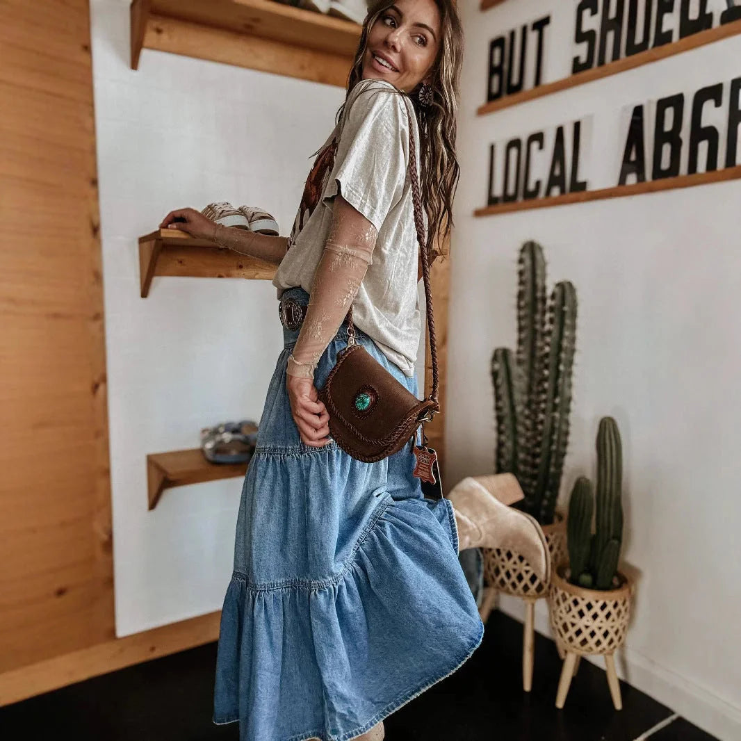 Denim Women's Denim Maxi Skirt — Ophelia Flowy Button-Front High-Waisted - Side Pose