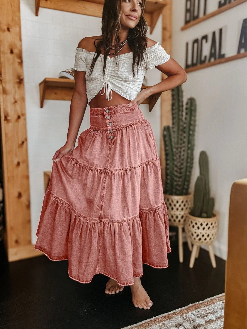 Pink Women's Denim Maxi Skirt — Ophelia Flowy Button-Front High-Waisted - Skirt Hold