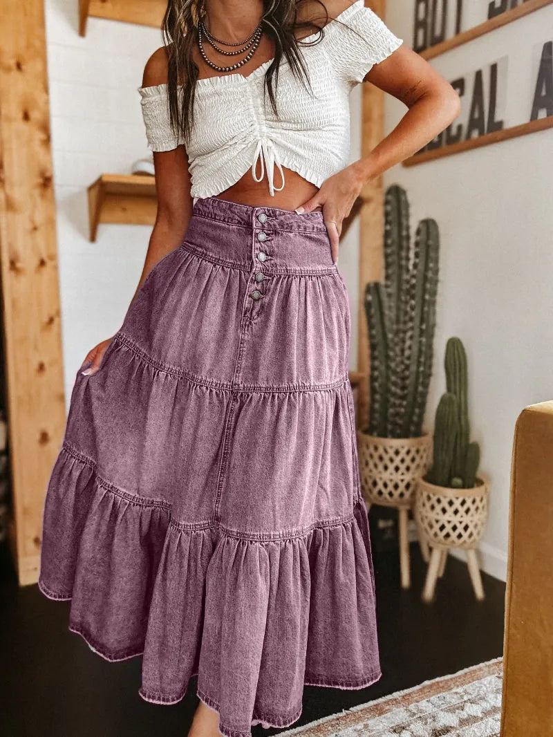 Purple Women's Denim Maxi Skirt — Ophelia Flowy Button-Front High-Waisted - Front Pose