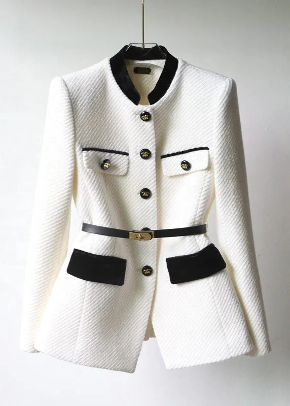 White Women's White Tweed Blazer — Natalie Tailored Belted Long Sleeve - Front Full