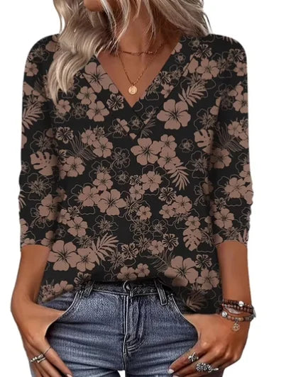 Black Women's Floral V-Neck Tunic Tops — Anouk Three-Quarter Sleeve Relaxed Fit - Front View