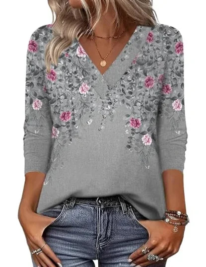 Gray Women's Floral V-Neck Tunic Tops — Anouk Three-Quarter Sleeve Relaxed Fit - Front Pose