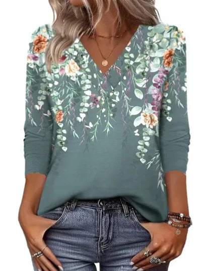 Green Women's Floral V-Neck Tunic Tops — Anouk Three-Quarter Sleeve Relaxed Fit - Front Lifestyle