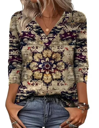 Khaki Women's Floral V-Neck Tunic Tops — Anouk Three-Quarter Sleeve Relaxed Fit - Front Detail