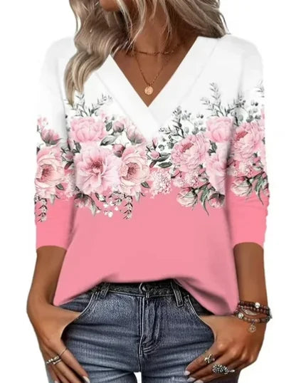 Pink Women's Floral V-Neck Tunic Tops — Anouk Three-Quarter Sleeve Relaxed Fit - Front Close