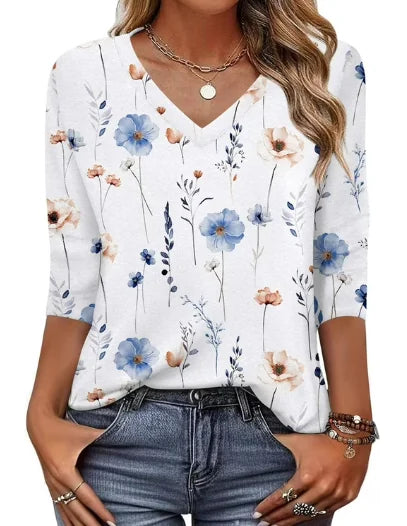 White Women's Floral V-Neck Tunic Tops — Anouk Three-Quarter Sleeve Relaxed Fit - Front Full