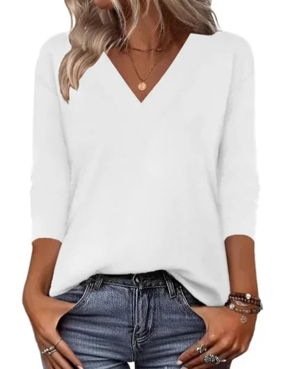 White Women's Floral V-Neck Tunic Tops — Anouk Three-Quarter Sleeve Relaxed Fit - Front Plain