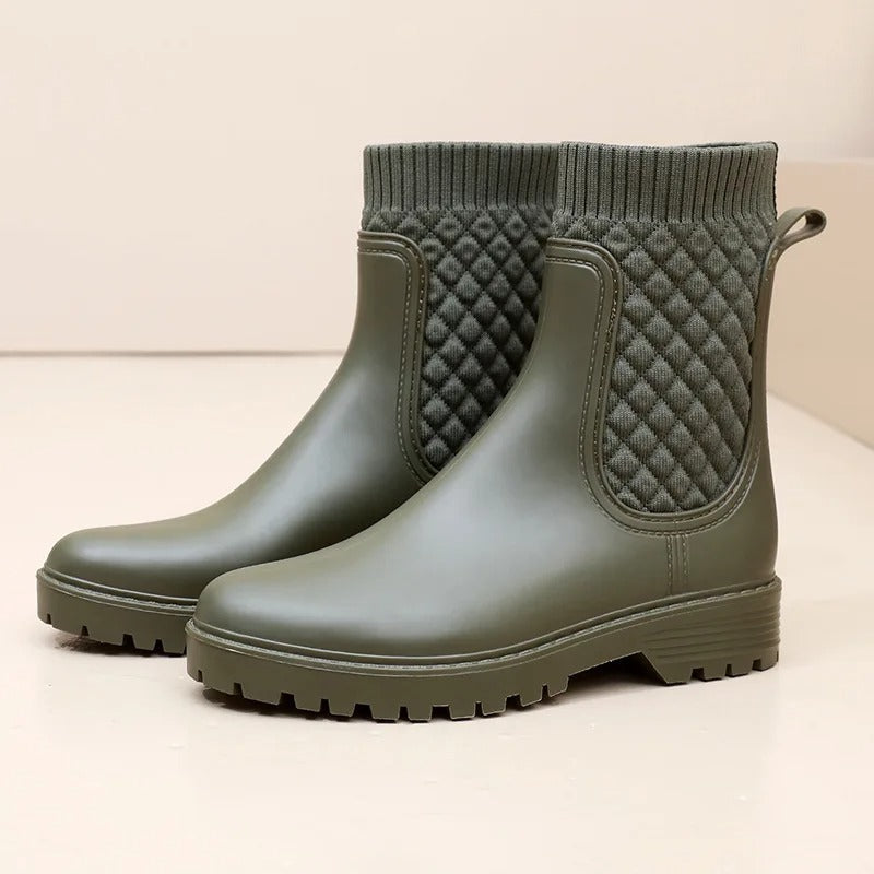 Woven Green geweven Women's Quilted Rain Boots — Melissa Ribbed-Knit Waterproof Slip-On