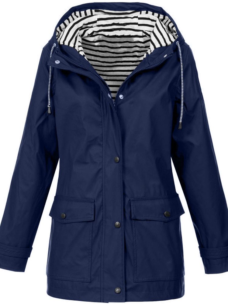 Dark Blue Blue Women's Rain Jacket With Hood — Siobhan Waterproof Striped-Lined Drawstring