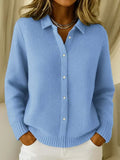 Light Blue Women's Button-Front Knit Cardigan — Liv Waffle-Knit Collared Oversized - Front Close Up