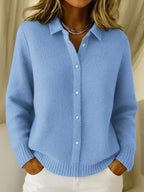 Light Blue Women's Button-Front Knit Cardigan - Front Close Up