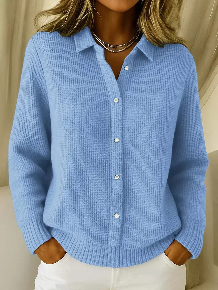 Light Blue Women's Button-Front Knit Cardigan — Liv Waffle-Knit Collared Oversized - Front Close Up