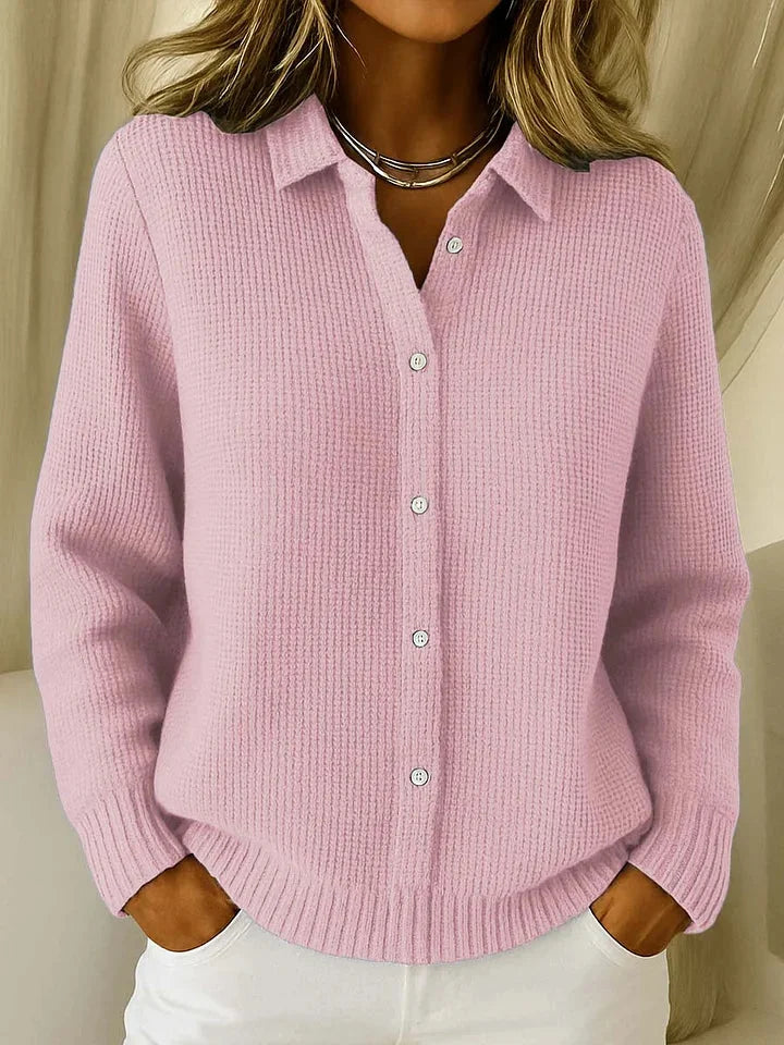 Pink Women's Button-Front Knit Cardigan — Liv Waffle-Knit Collared Oversized - Front Buttoned Detail