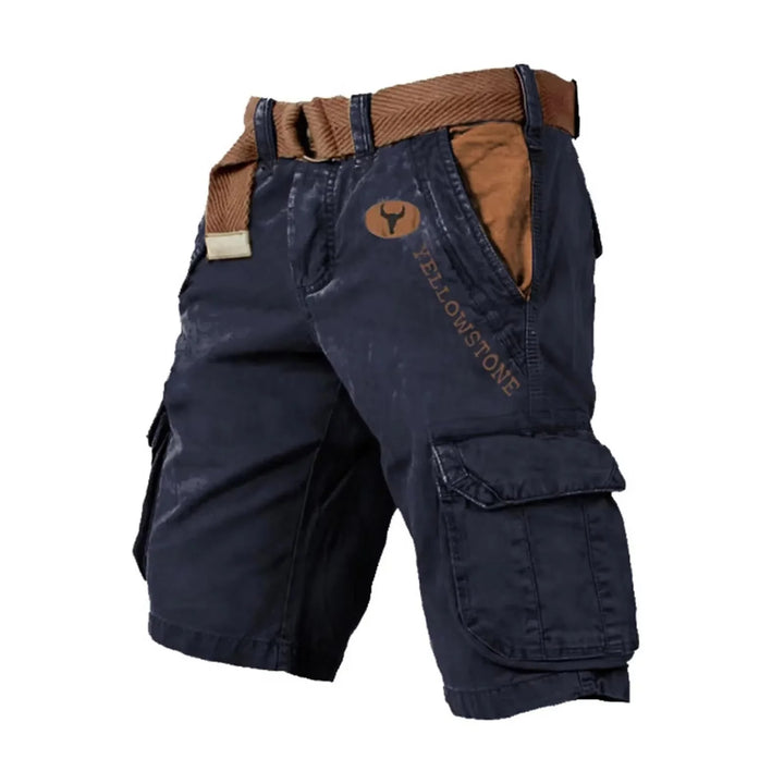 Navy Blue Men's Washed Cargo Shorts — Miles Multi-Pocket Relaxed Utility - Front Detail
