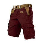 Wine Red Men's Washed Cargo Shorts — Miles Multi-Pocket Relaxed Utility - Red Flat Lay