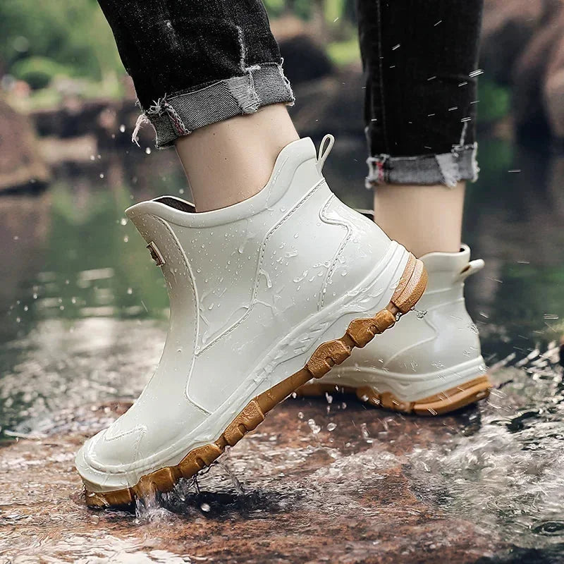 Beige Women's Rain Boots — Celeste Rubber Waterproof Ankle - Model Walking