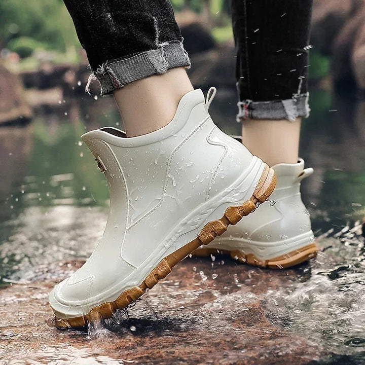 Beige Women's Rain Boots — Celeste Rubber Waterproof Ankle - Model Walking