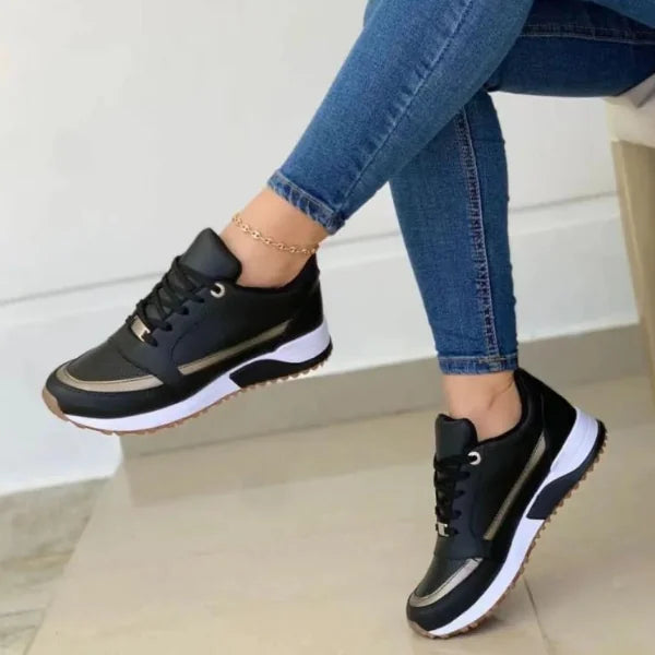 Black Women's Chunky Sneakers — Diane Faux Leather Lace-Up Wedge - Side Pose Worn