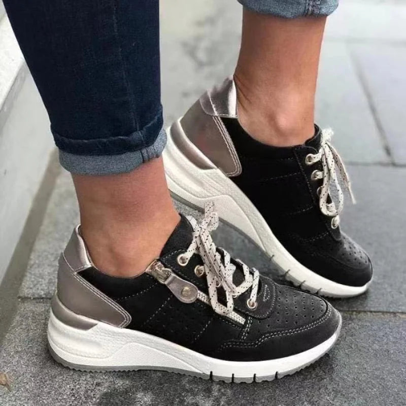 Black Women's Lace-Up Wedge Walking Shoes — Francine Everyday Cushioned Sneakers - Worn Lifestyle