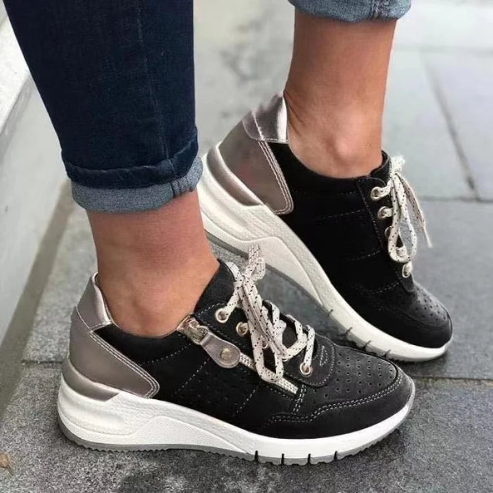 Black Women's Lace-Up Wedge Walking Shoes — Francine Everyday Cushioned Sneakers - Worn Lifestyle