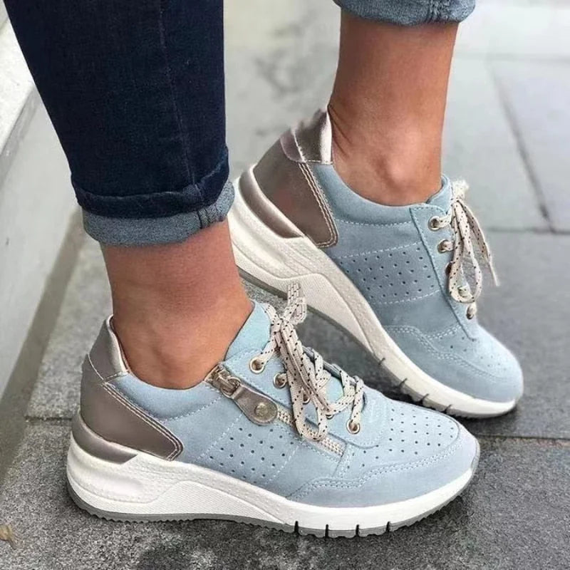 Blue Women's Lace-Up Wedge Walking Shoes — Francine Everyday Cushioned Sneakers - Worn Lifestyle