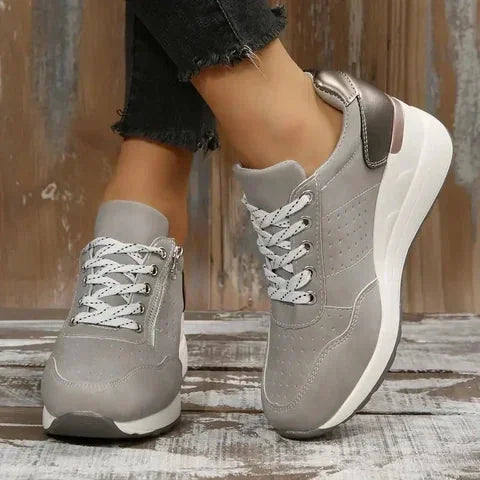 Gray Women's Lace-Up Wedge Walking Shoes — Francine Everyday Cushioned Sneakers - Side Pose Studio