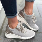 Gray Women's Lace-Up Wedge Walking Shoes — Francine Everyday Cushioned Sneakers - Worn Lifestyle