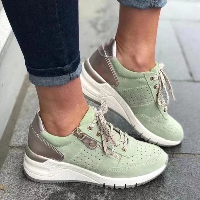 Green Women's Lace-Up Wedge Walking Shoes — Francine Everyday Cushioned Sneakers - Worn Lifestyle
