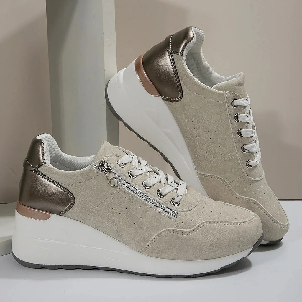 Khaki Women's Lace-Up Wedge Walking Shoes — Francine Everyday Cushioned Sneakers - Pair Flat Lay Studio