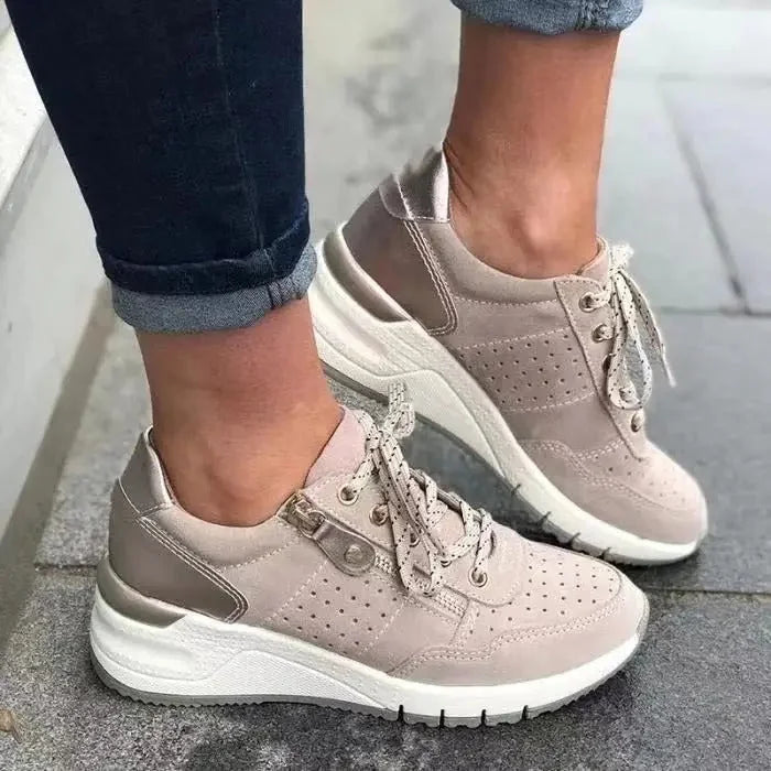 Khaki Women's Lace-Up Wedge Walking Shoes — Francine Everyday Cushioned Sneakers - Worn Lifestyle