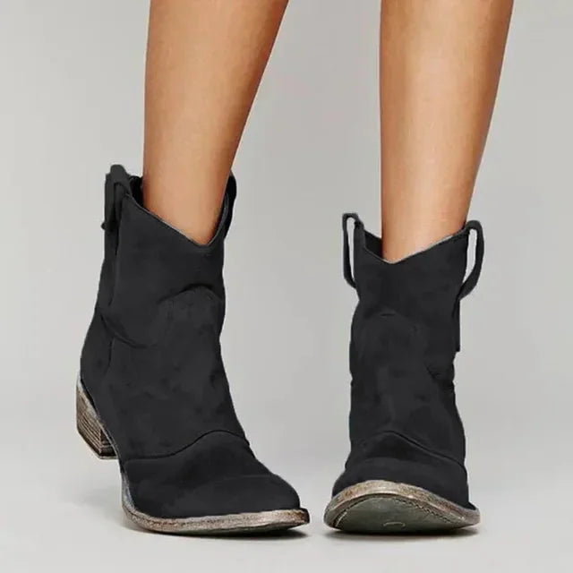 Black Women's Western Boots — Melissa Block Heel Suede Ankle - Front Pair