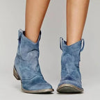 Blue Women's Western Boots — Melissa Block Heel Suede Ankle - Front Detail