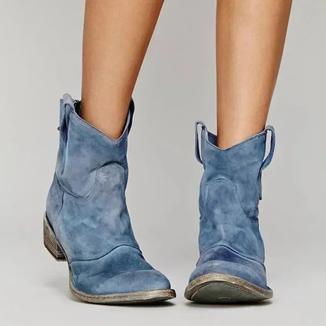 Blue Women's Western Boots — Melissa Block Heel Suede Ankle - Front Detail