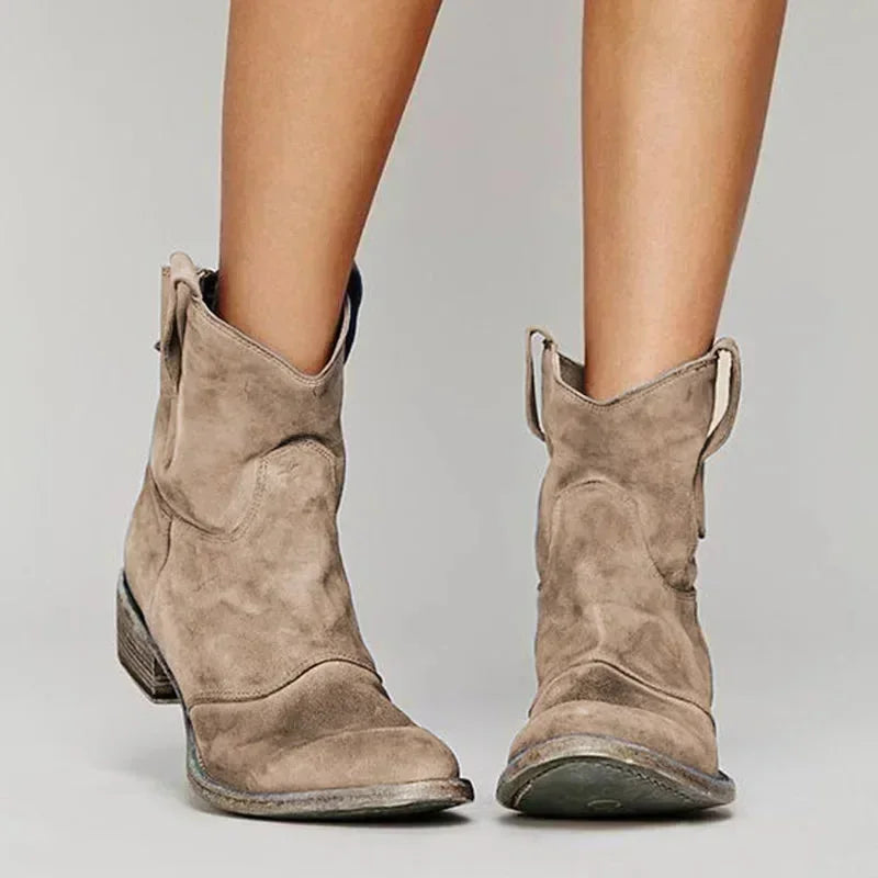 Brown Women's Western Boots — Melissa Block Heel Suede Ankle - Front Close